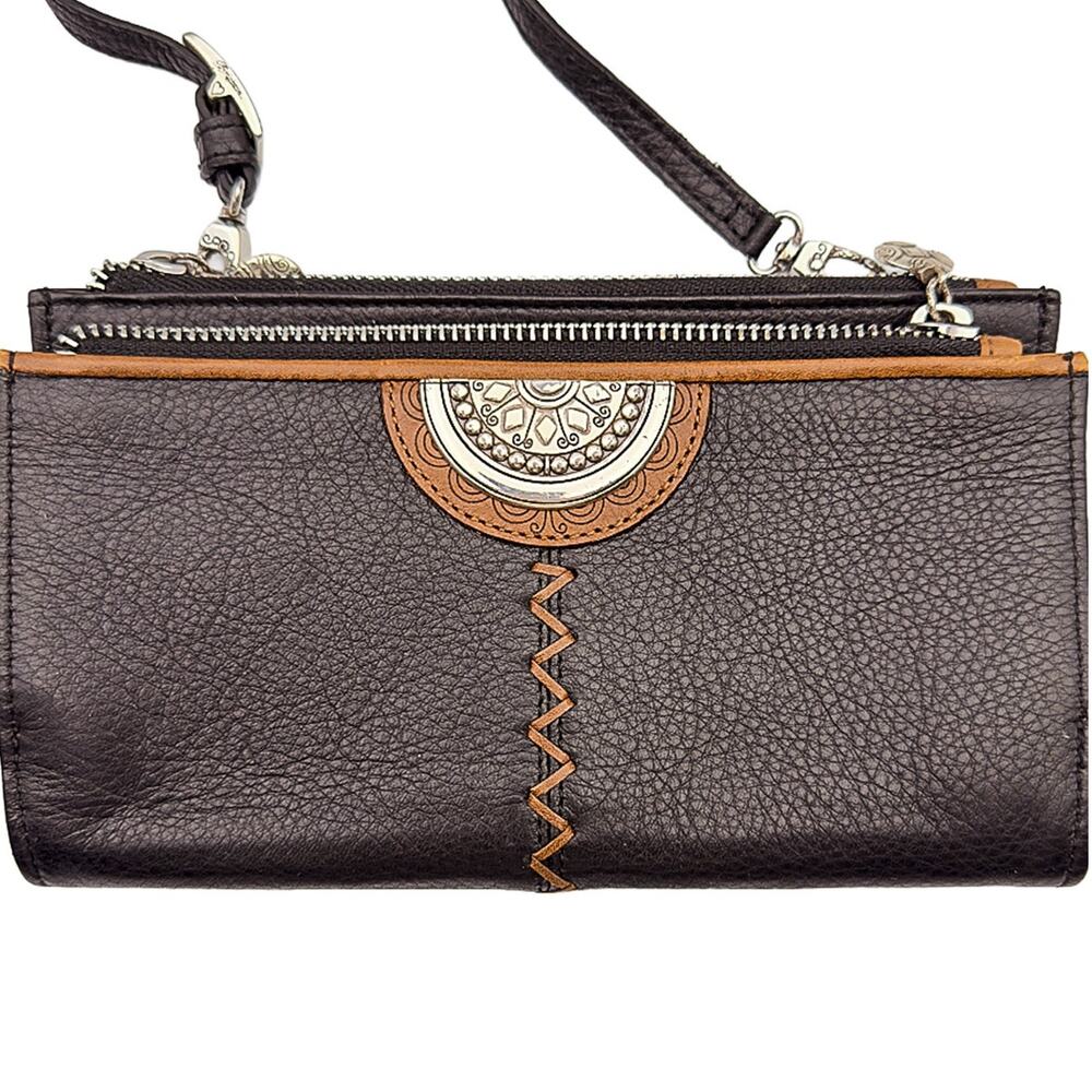 Brighton African Stories Shiloh Double Zip Brown Leather Wallet Crossbody